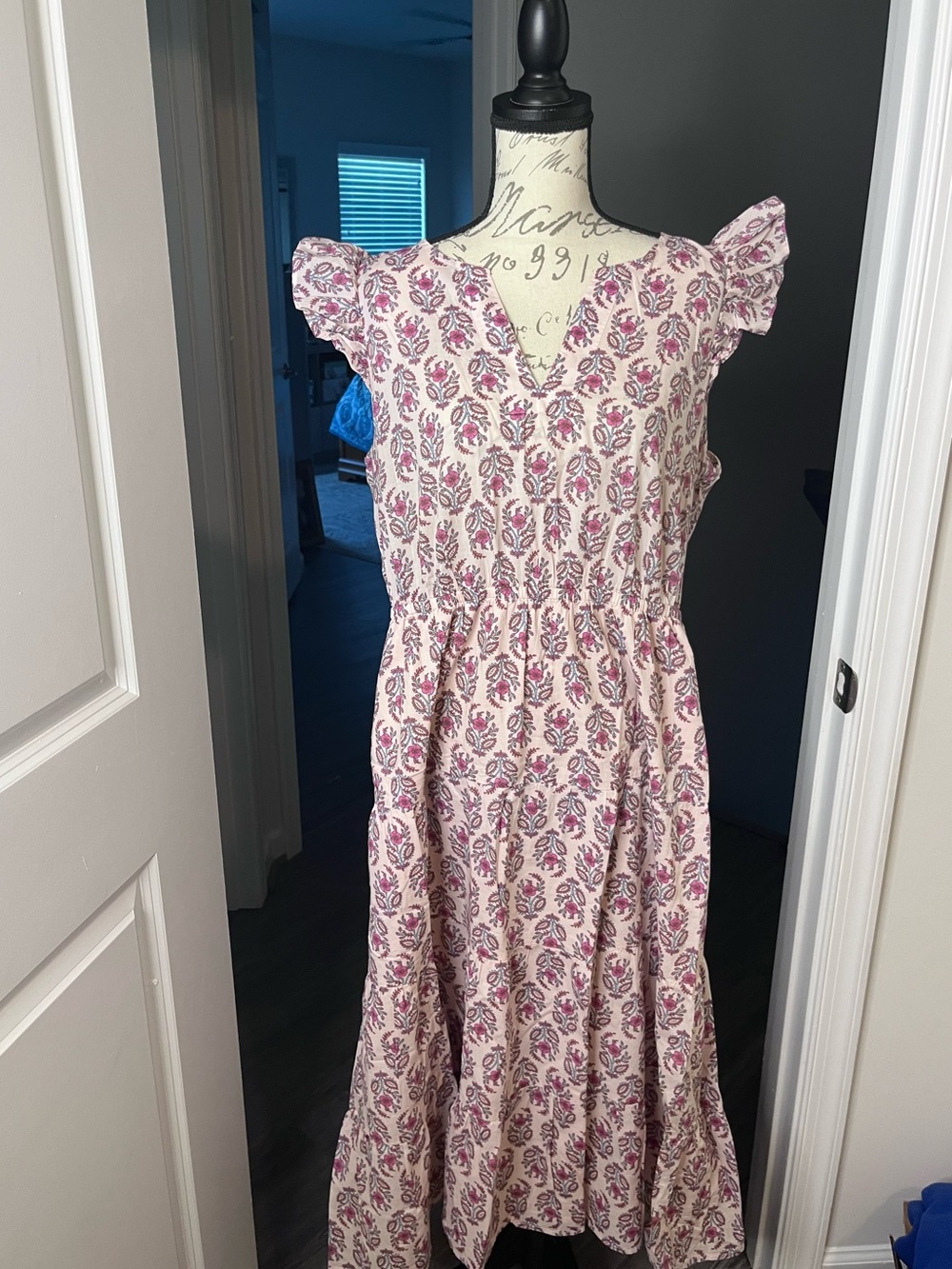 J. Crew Factory Pink Floral Midi Dress with Ruffle Cap Sleeves